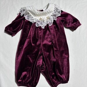 Vintage Rare Editions Infant Burgundy Velvet Romper 3 Months Holiday Xmas
